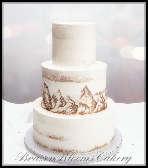 White Mountain Cake, Mountains Wedding Cake, Simple Mountain Wedding Cake, Rustic Mountain Wedding Cake, Wedding Cake With Mountains, Wedding Cake Mountain Theme, Mountain Themed Wedding Cake, Mountain Theme Wedding Cake, Wedding Cake Mountain