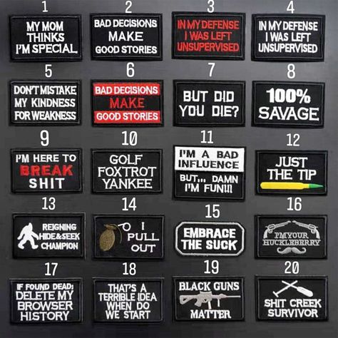 Set of 20 Different Slogan Embroidered Hook & Loop/Iron-On 2X3 inch Patch Jacket Patches Aesthetic, Patch Ideas Diy, Embroidered Accessories, Army Aesthetic, Punk Jacket, Funny Patches, Army Humor, Fun Sayings, Bag Patches