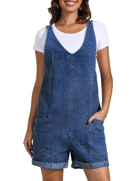 PRICES MAY VARY. Design: Featuring a V-neck design, adjustable shoulder straps, and oversized pockets, the denim romper is the perfect combination of fashion and casual. Fabric: These overall shorts are made of denim, which is non-see-through and durable.Suitable for all seasons. Loose style: There is plenty of room for the hips and thighs, and the loose and casual fit will not feel tight. The low back with adjustable shoulder straps can be adjusted to the right position,this summer romper adapt Fashion Overalls, Shapes Matching, Strap Jeans, Romper Casual, Overalls Casual, Oversized Pockets, Moda Denim, Style Overalls, Jumpsuit With Pockets