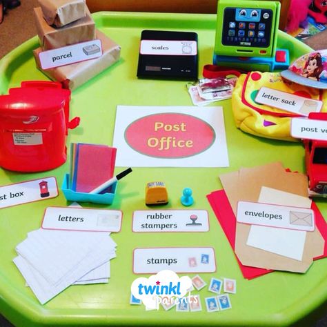 How wonderful is this post office-themed tuff tray?! Thank you so much @all.about.the.play (on instagram) for sharing.  Children will love playing imaginatively with this role play set up whilst learning more about the post office and how to send letters. Post Office Game, Post Office Activities, Post Office Play, Katie Morag, Primary School Activities, Tuff Tray Ideas Toddlers, Role Play Areas, People Who Help Us, Dramatic Play Preschool