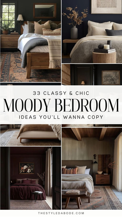 bedrooom ideas Dark And Dreamy Bedroom, Moody Bedroom Design Ideas, Dark Cozy Bedding, Navy Blue Neutral Bedroom, Beautiful Dark Bedrooms, Elegant Comforter Sets Luxury, Small Dark Moody Bedroom, Moody Bed Styling, Wood Bedroom Furniture Aesthetic