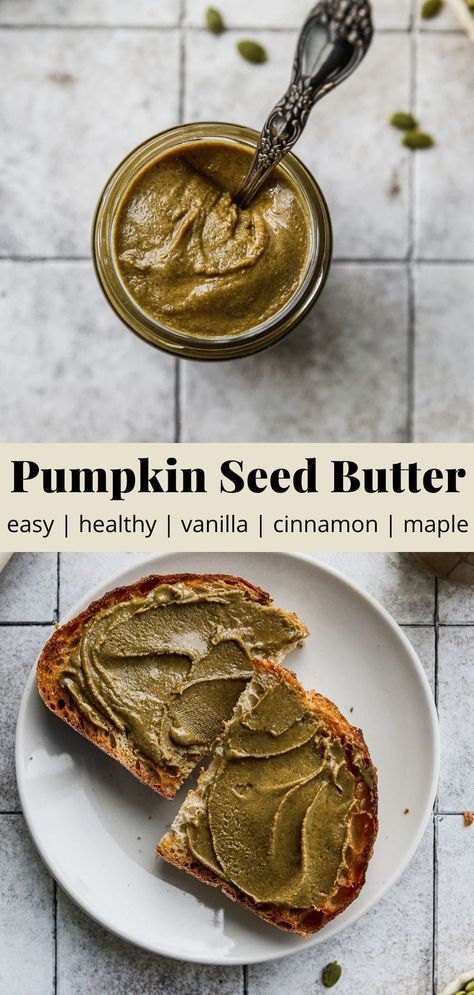 This homemade pumpkin seed butter is so delicious, easy to make, and nutritious. It’s paired with warming flavours like vanilla, cinnamon, and maple. Post includes a handful of ways to use it, too! Pumpkin Seed Butter Recipes, Making Pumpkin Seeds, Easy Pumpkin Seeds, Walder Wellness, Homemade Pumpkin Seeds, Whole Foods Meal Plan, Pumpkin Seed Recipes, Pumpkin Seed Butter, Homemade Ideas