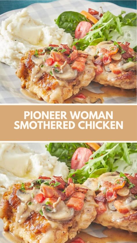 This delicious smothered chicken recipe from the Pioneer Woman is the perfect comfort meal! With crispy bacon, tender chicken thighs, and a creamy gravy made from everyday ingredients, it’s quick to make and full of flavor. You can easily customize it with your favorite veggies for a satisfying, simple dinner everyone will love. Pioneer Woman Recipes Chicken, The Pioneer Woman Recipes, Pioneer Woman Recipes Dinner, Smothered Chicken Recipe, Pioneer Kitchen, Pioneer Woman Chicken, Chicken Thighs Recipes, Sunday Dinner Recipes, Smothered Chicken