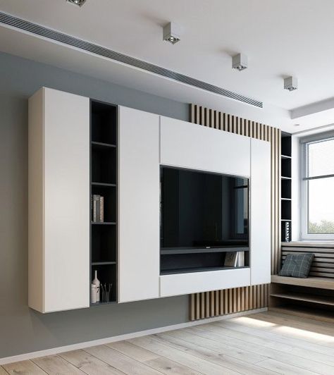 White Cabinets Tv Wall Interior Design Tv A Muro, Tv Feature Wall, Tv Wall Cabinets, Dressing Design, Tv Walls, Tv Panel, Interior Design Per La Casa, Stylish Apartment, Tv Wall Unit