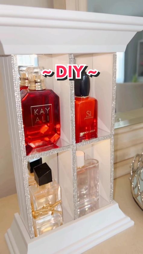 Diy Perfume Display, Diy Perfume Organizer, Home Decor Ideas Diy Crafts, Walmart Decor, Diy Countertop, Diy Stain Remover, Perfume Stand, Perfume Organizer, Craft Boxes