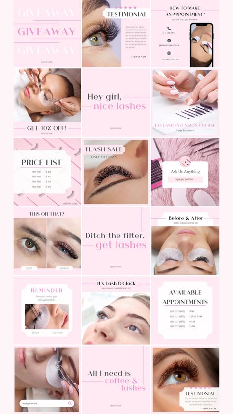 30 Instagram templates for lash artists and lash tech in pink color. Fully editable on canva. Social media design, instagram post ideas. Pink collection. Instagram Lashes Posts, Pink Lash Tech Posts, Lash Business Social Media, Lash Ideas Instagram Feed, Eyelash Instagram Theme, Eyelash Instagram Post Ideas, Lash Theme Instagram, Advertising Lash Business, Ig Lash Post