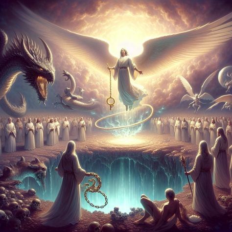 Revelation 20:1-6 Artwork | Bible Art Biblical Apocalypse Art, Four Living Creatures Revelation, I Saw An Angel, Revelations Bible End Time Art, Ancient Serpent, Revelations Bible End Time, Revelations End Times, Revelation 16, Matthew Mark Luke John