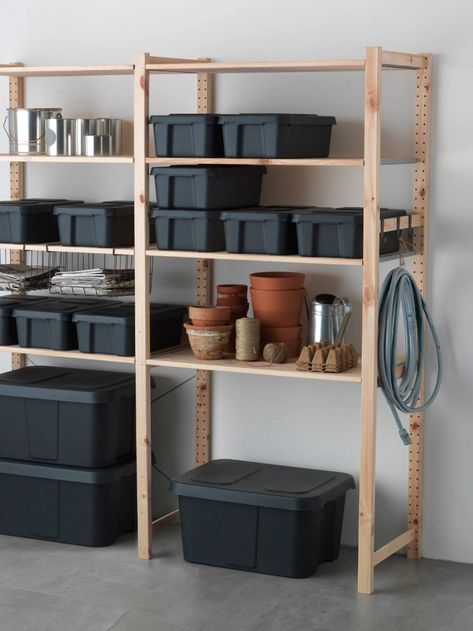 Ikea’s Klämtare Box with Lid in dark gray is $12.99 for the large size and $5.99 for the short and small box. Garage Storage Bins, Ikea Inspiration, Basement Storage, Garage Storage Organization, Organization Inspiration, Ikea Storage, Tiny Space, Tiny Spaces, Deck Furniture