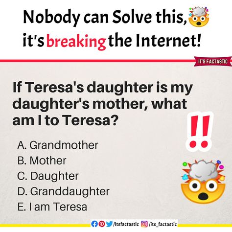 Nobody can Solve this, it's breaking the Internet! If Teresa's Daughter is my daughter's mother, what am I to Teresa?! #Riddles #BrainTeasers #Riddle #BrainTeaser I Challenge you to Solve this!😏🤯 If Teresa's Daughter, Teresa Riddle, Family Riddles, Hard Riddles, What Am I, Book Art Diy, Mother Teresa, Cute Doodle Art, Bts Drawings