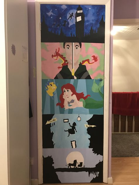 5 part Disney door. Peter Pan. Mulan. The little mermaid. Alice in wonderland. The lion king. All hand painted with acrylic paint. Disney Door Painting, Disney Mural Painting, Disney Room Painting, Disney Themed Mural, Big Canvas Painting Ideas Disney, Door Art Bedroom, Disney Villains Painting Canvas, Mulan Canvas Paintings, Disney Mural