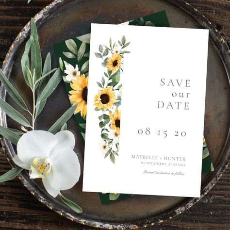 Celebrate your special country style wedding with our elegant country style sunflower save the date wedding invitation design. Our design features our hand-painted watercolor golden yellow sunflowers, white cream florals, and natural greenery arranged to create this elegant country-style arrangement. Invitations details are beautifully designed to create this simple yet elegant country style wedding invitation. All flowers are hand-painted by Moodthology Papery. Sunflower Wedding Save The Dates, Yellow Save The Date, Sunflower Wedding Aesthetic, Summer Wedding Sunflowers, Wedding Sunflower Theme, Simple Sunflower Wedding, Sunflower Wedding Invites, Wedding Inventation, Summer Sunflower Wedding