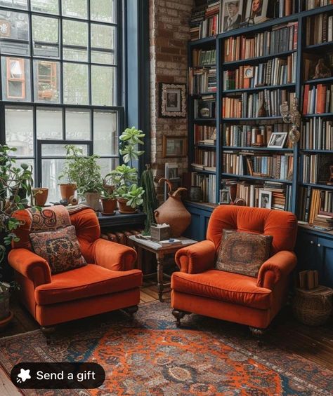 Cozy Colorful Living Room, Colorful Library, Warm Apartment Aesthetic, Podcast Room, Warm Apartment, Colorful Living Room, Dining Room Shelves, Studio Apartment Living, Book Coffee