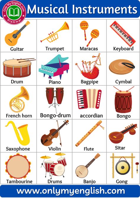 Musical Instruments Name List a-z Notes Pictures, Amazon Toys, Musical Instruments Drawing, Instrument Families, Kids Musical Instruments, All Music Instruments, Flashcards For Kids, French Horn, English Lessons For Kids