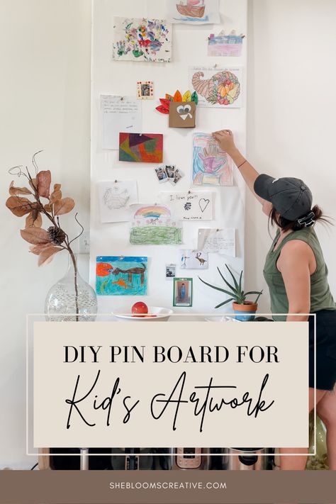 How To Hang Kids Art On Wall, Toddler Art Display, Ways To Display Kids Artwork, Displaying Kids Artwork Diy, Kids Art Display Board, Hanging Kids Artwork, Diy Kids Art Display, Diy Pin Board, Pin Board Ideas