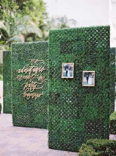 ###Wedding Walkway    Build anticipation and create a sense of drama as guests arrive by lining the path to the wedding site with lush-green boxwood walls. Decorate them with framed photographs of yourselves, fresh flowers, or even a quote to welcome guests and get them excited to celebrate (this one reads “no admittance except on party business”—love!) Booth Decoration, Boxwood Wall, Boxwood Hedge Wall, Boxwood Backdrop, Wedding Walkway, Greenery Wall Decor, Faux Boxwood, Balkon Decor, Artificial Hedges