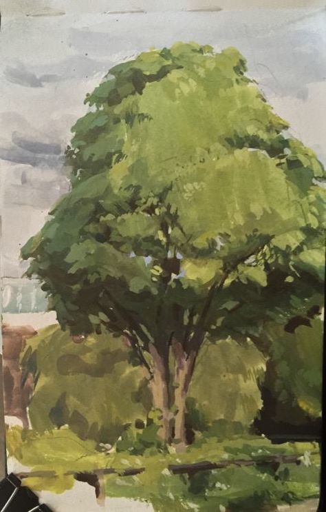 Tree in Gouache by eeliskyttanen How To Paint Trees Gouache, Academic Pictures, Gouache Tree, Background Reference, Trees Painting, Sycamore Tree, Green Paintings, Gouache Art, Character Reference