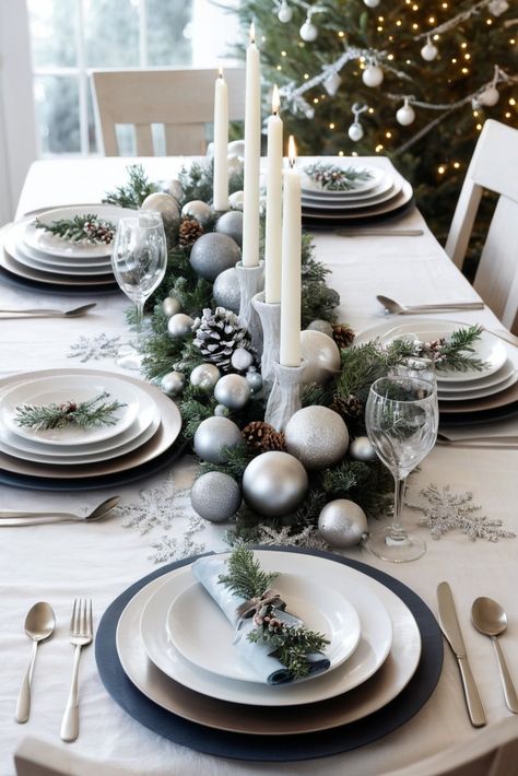 Create a magical all-white Christmas table that sparkles! Learn how to layer different shades of white with silver and crystal for a breathtaking winter wonderland effect. Includes frosted decor ideas and lighting tips. #WinterWonderland #WhiteChristmas #HolidayMagic Silver Table Settings Ideas, White Christmas Dinner Party, Silver And White Table Setting, Silver Christmas Table Settings, Silver Christmas Table Decorations, Winter Wonderland Christmas Table, Winter Wonderland Table Decorations, Silver Table Decorations, Winter Wonderland Table Setting