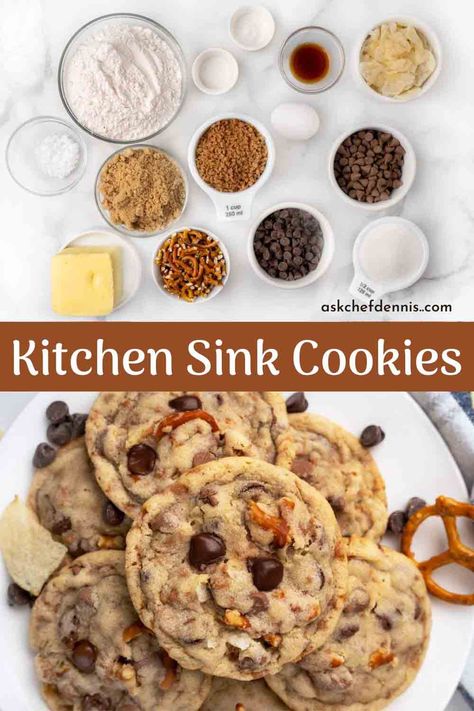 Aldi Chocolate Chip Cookie Recipe, Aldi Kitchen Sink Cookies, Everything But The Kitchen Sink Cookies, Everything Cookies Recipe, Kitchen Sink Cookies Recipe, Heath Bar Cookies, Sink Cookies, Kitchen Sink Cookies, Pretzel Toffee