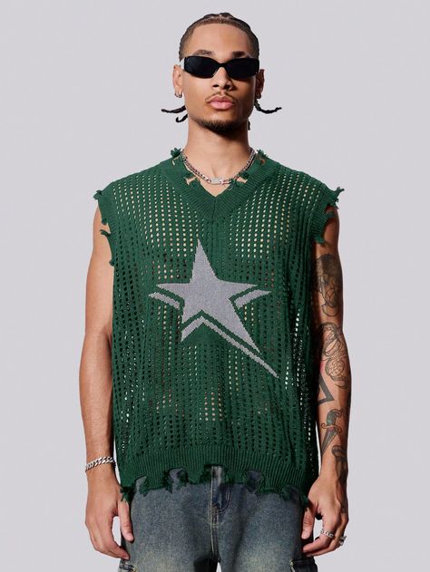 Men's V-Neck Sleeveless Knitted Top With Pentagram Print Halloween Dark Green Casual  Sleeveless Knitwear Geometric  Slight Stretch  Men Clothing, size features are:Bust: ,Length: ,Sleeve Length: Guy Coachella Outfits, Mens Rave Outfits, Cute Rave Outfits, Mens Festival Fashion, Rave Men, Raver Outfits, Rave Looks, Futuristic Style, Coachella Outfit