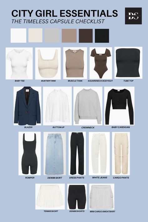 The city girl capsule checklist! Elevate your wardobe game with these staple pieces. #timelessstaples #capsulewardrobe #mixandmatch #summeroutfits #minimalistfashion #elevatedstyle #timelessfashion #affordablefashion Capsule Checklist, Jeans Romper, Skort Denim, Wardrobe Checklist, Girl Essentials, Capsule Wardrobe Checklist, Staple Wardrobe, Wardrobe Pieces, Staple Wardrobe Pieces