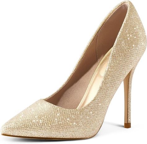 Amazon.com | mysoft Women's High Heels Pumps Closed Pointed Toe Stiletto 4IN Heels Dress Wedding Shoes Gold Glitter | Pumps Wedding Shoes Gold, Gold Wedding Shoes, Heels Dress, Glitter Pumps, Pointed Toe Heels, Heels Pumps, Red Suede, Toe Designs, Ankle Straps