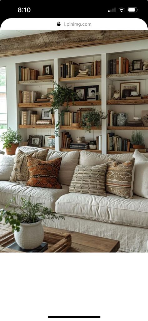 Mission Style Living Room Ideas, Bookcase Around Couch, Book Shelves Beside Fireplace, Bookcase Wall Behind Sofa, Open Shelving Behind Couch, Built In Bookshelves Living Room With Tv, Golden Boys And Me House, Built In Behind Couch, Books Around Tv