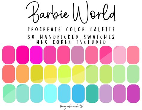 Barbie World Procreate Color Palette | Bright Rainbow Colors | Neon Colors | Branding Colors | Lisa Frank Inspiration | HEX Codes | Canva by MagnoliaandMill on Etsy Barbie Pallete Color, Bright Color Palette Neon, Barbie Colour Palette, Lisa Frank Color Palette, Neon Hex Codes, Scene Color Palette, Barbie Color Palette, Cute Color Palettes, Preppy Color Palette