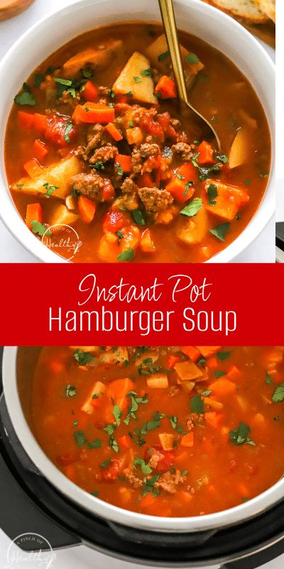 Whether you’re looking for easy dinner recipes for a busy weeknight or comfort food to warm you up, this Instant Pot Hamburger Soup recipe is a must-try for a quick, hearty, and delicious meal that the whole family will love. Comforting and easy, it combines rich broth, lean beef, and a ton of veggies for a satisfying and nutritious dinner. Follow for more easy dinner ideas! Soup Dinner Recipes, Instant Pot Hamburger Soup, Hamburger Soup Recipe, Soup Recipes Healthy Vegetarian, Gluten Free Instant Pot Recipes, Hearty Chili Recipe, Hearty Salad Recipes, Hamburger Soup, Easy One Pot Meals