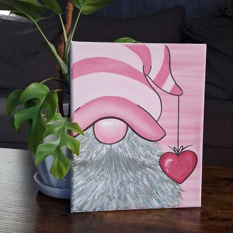 Hand Painted By Myself This Gnome Painting Has Glitter In His Beard(May Still Flake Off). Super Cute For Gnome Lovers! Easy Canvas Art Valentines, Christmas Art Gnome, Valentine Gnome Painting Canvas, Valentine Diy Painting Canvases, Valentines Canvas Painting Ideas Easy, Christmas Cards Painted Acrylic, Valentine's Canvas Painting, Valentines Day Canvas Painting Diy, Easy Valentines Day Painting