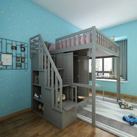 Harriet Bee Flukes Full Loft Bed with Bookcase by Harriet Bee | Wayfair Loft Bed Storage Ideas, Store Bed Sheets, Step Storage, Loft Bed Ideas For Small Rooms, Full Loft Bed, Storage Stairs, Bed With Wardrobe, Bookshelf Bed, Storage Wardrobe