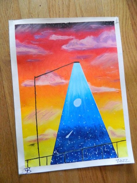 An oil pastel painting of a yellow orange red sky with a streetlight in the middle. In light of the streetlight is shown the moon and stars with a blue backround. Sunset Street, The Moon And Stars, Canvas Painting Designs, Gcse Art, Moon And Stars, Sunset Sky, Book Art Drawings, Street Light, Light Painting