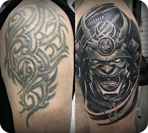 Tattoo Cover Up Men, Cover Up Tattoos For Men Arm, Shoulder Cover Up Tattoos, Samurai Mask Tattoo, Cover Up Tattoos For Men, Japanese Tattoos For Men, Best Cover Up Tattoos, Tattoo On Shoulder, Black Tattoo Cover Up