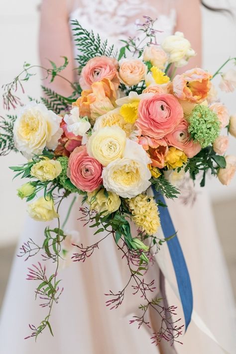 Yellow, Peach, and Pink Summer Bouquet with Colorful Ribbons Coral Arrangements, Peach And Yellow Wedding, Yellow Pink Wedding, Yellow And Pink Wedding, Pink Yellow Weddings, Spring Wedding Flowers Bouquet, Bloom Bar, Pink And Yellow Flowers, Bridal Bouquet Pink