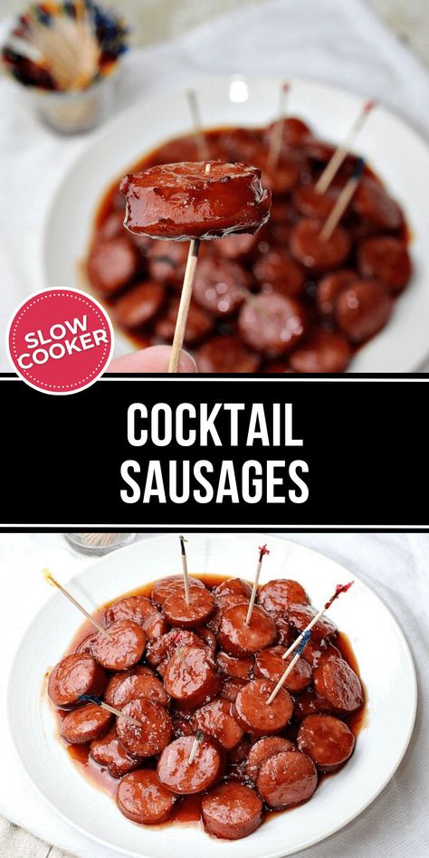 Slow Cooker Cocktail Sausages are an easy recipe that's perfect for game day and all your party needs. This sweet and spicy appetizer is drizzled with a grape chili sauce, perfectly complementing its smoky flavor. Cocktail Wieners With Grape Jelly, Cocktail Wieners Crockpot, Cocktail Wieners Crockpot Grape Jelly, Cocktail Weenies Crockpot Grape Jelly, Mini Sausages In Crockpot Cocktail Wieners, Sweet Easy Recipes, Sausage Chili, Sausage Appetizers, Cocktail Sausages