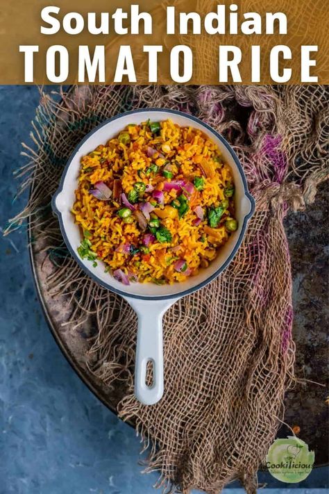 A South Indian tomato rice recipe called Thakkali sadam is a side dish made with tomatoes and (leftover) rice. Do try this vegan fried rice recipe today! #tomato #tomatoes #rice #thakkali #sadam #friedrice #pulao #vegan #leftoverrice #SouthIndian Vegan Fried Rice Recipe, Tomato Rice Recipe, Leftover Rice Recipes, Vegan Fried Rice, Tomato Dishes, Fried Tomatoes, Tomato Rice, Jeera Rice, Flavored Rice