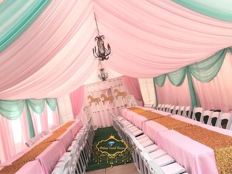 Deluxe Event Decor on Instagram: “Draped tent on baby pink and mint. Wood carousel by @2ezdecor #draping #drapingdesigns #drapedtent #1styear #birthday #birthdayparty…” Tent Draping Birthday, Wood Carousel, Draped Tent, Tent Parties, Tent Draping, Pink Tent, Red Ceiling, Fairy Baby Showers, Draping Wedding