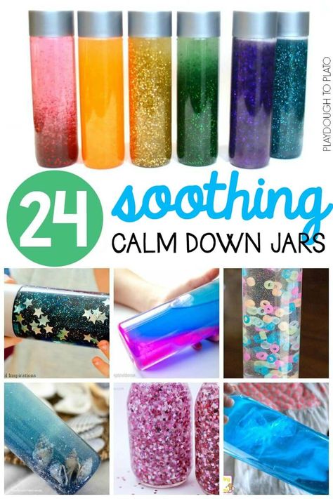 24 Soothing Calm Down Jars for kids of all ages. Great classroom management hack when kids need to handle big emotions. Calming Bottle, Calming Jar, Calm Down Jar, Calm Down Bottle, Inspirational Office, Homeschool Activity, Discovery Bottles, Big Emotions, Sensory Crafts