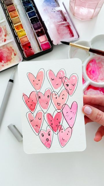 Watercolor Creative Ideas, Cute Watercolor Paintings For Boyfriend, Cute Doodles Watercolor, Doodles With Watercolor, Watercolor Cards Diy Simple, Valentines Water Color Cards, Watercolor Art For Cards, Valentine’s Day Cards Diy Watercolor, Watercolor Cards For Beginners