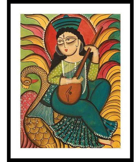 Kalighat Paintings, Saraswati Painting, Maa Saraswati, Phad Painting, Bengali Art, Spiritual Paintings, Durga Painting, Watercolor Paintings Nature, Indian Art Gallery