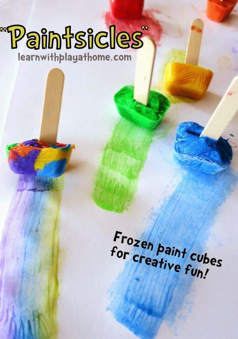 Learn with Play at Home: Paintsicles. Frozen paint cubes for creative fun. Frozen Paint, Frozen Painting, Toddler Snacks, Toddler Art, Toddler Fun, Preschool Fun, Sensory Activities, Preschool Art, Summer Crafts