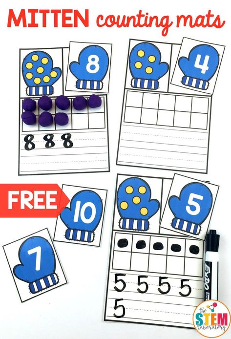 Free Mitten Counting Mats! A fun addition to winter math centers with preschool and kindergarten kids! #thestemlaboratory #wintermathcenters #mathfreebies #numbers #freemathcenters Mitten Art, Free Math Centers, Winter Math Centers, Counting Mats, Winter Math Activities, Winter Classroom, Winter Kindergarten, Winter Math, Winter Activities For Kids