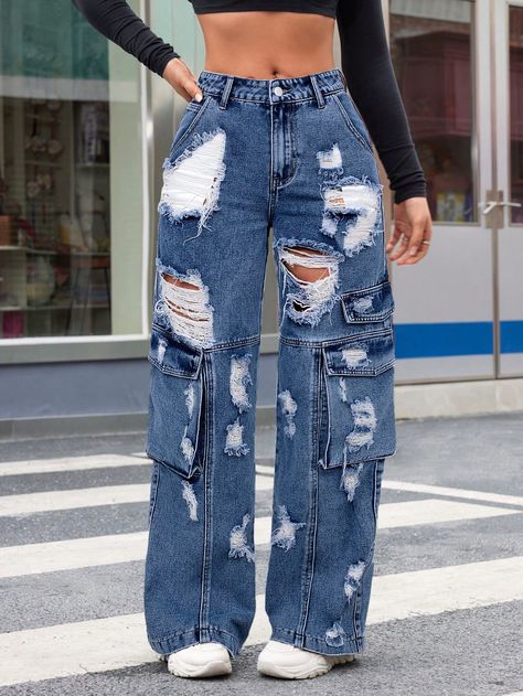 Women's Fashionable Punk Style Ripped Denim Jumpsuit, Wide Leg Jeans Dark Wash Casual   Denim Plain Wide Leg Non-Stretch  Women Clothing, size features are:Bust: ,Length: ,Sleeve Length: Fancy Pants Outfit, Tomboy Stil, Cute Ripped Jeans, Adrette Outfits, Neat Casual Outfits, Urban Apparel, Moda Denim, Shein Icon