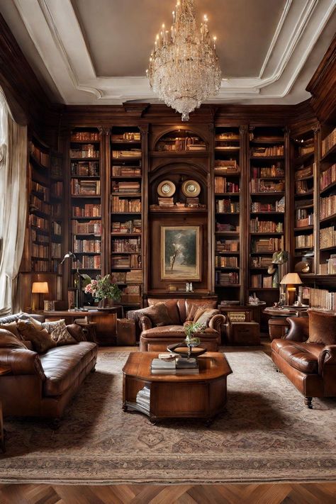 Home / X Luxurious Library, Aesthetic Home Design, Home Library Rooms, Wood Living Room, Library Aesthetic, Dark Home Decor, Home Library Design, Dark Home, Home Libraries