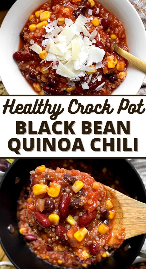 Black Bean Quinoa Chili, Vegan Chili Crockpot, Crockpot Quinoa, Quinoa Chili Recipe, Vegetarian Chili Crock Pot, Vegan Crockpot Recipes, Vegan Crockpot, Quinoa Chili, Vegetarian Chili Recipe