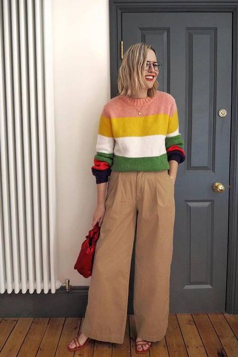 Alexandra Stedman Style, Colorful Comfy Outfits, Alexandra Stedman, Alex Stedman, Playful Outfits, Rainbow Jumper, Bright Colors Fashion, The Frugality, Bright Outfits