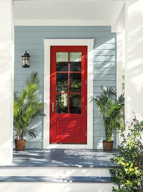 red paint colors for front door Homes With Red Doors, Light Blue Houses, Red Door House, Nimbus Gray, Benjamin Moore Exterior, Red Paint Colors, Best Front Doors, Red Front Door, Front Door Paint Colors