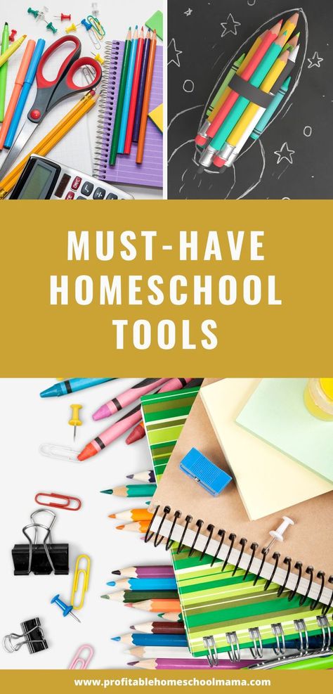 Pinterest graphic that says Must have homeschool tools with a photo of school supplies Amazon Homeschool Must Haves, Homeschool Must Haves, Homeschool Space, Learning Clock, Preschool Colors, Homeschool Organization, Creative Learning, Kids Discover, Essential Tools