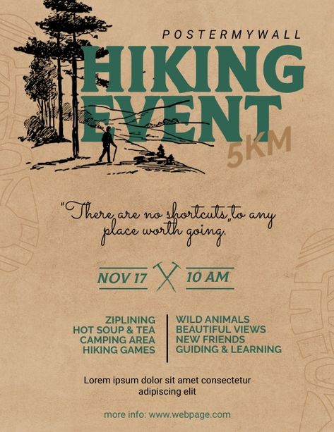 Hiking Event Flyer Template | PosterMyWall Hike Poster Design, Outdoor Flyer Design, Hiking Design Graphic, Hiking Flyer Design, Community Event Flyer, Adventure Poster Design, Hiking Graphic Design, Vintage Flyer Design, Event Graphic Design