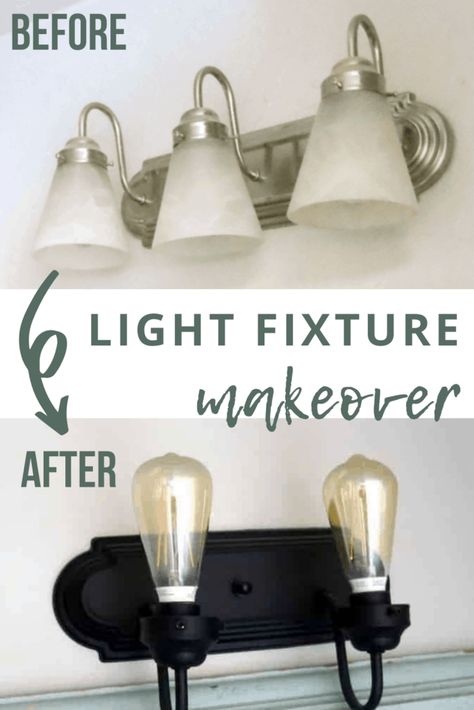 I love that we were able to transform our boring builder grade light fixtures into something that fits right in to our farmhouse master bathroom for just ! Learn how to spray paint outdated light fixtures in this step by step tutorial. Bathroom Light Fixture Makeover, Spray Painting Light Fixtures, Modern Bathroom Design Lighting, Light Fixture Makeover, Bathroom Lighting Diy, Painting Light Fixtures, Bathroom Wall Light Fixtures, Black Bathroom Light, 2024 Bathroom