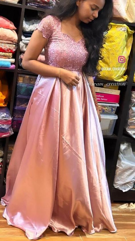 Satin With Net Dress, Designer Pink Dress, Satin Long Frocks Indian, Space Silk Long Frock, Goun Pic Design Simple, Satin Frock Design, Satin Gown Designs Indian, Simple Maxi Dress Casual, Net Fabric Dress Design